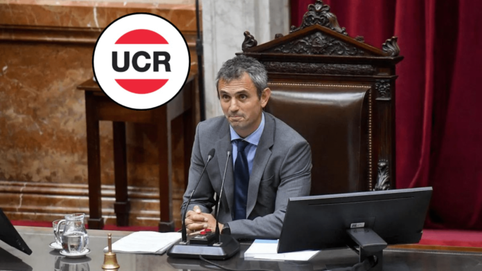 el presidente de la cámara de diputados, Martín Menem, y el escudo de la UCR